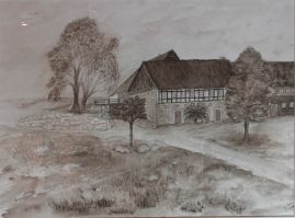 Häuser in Klipphausen Cunewalde aquarell in Sepia, virtual art gallery Affeere